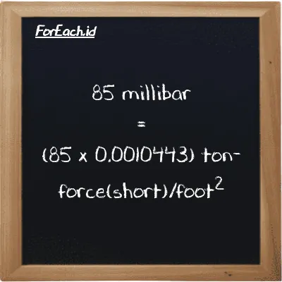 How to convert millibar to ton-force(short)/foot<sup>2</sup>: 85 millibar (mbar) is equivalent to 85 times 0.0010443 ton-force(short)/foot<sup>2</sup> (tf/ft<sup>2</sup>)